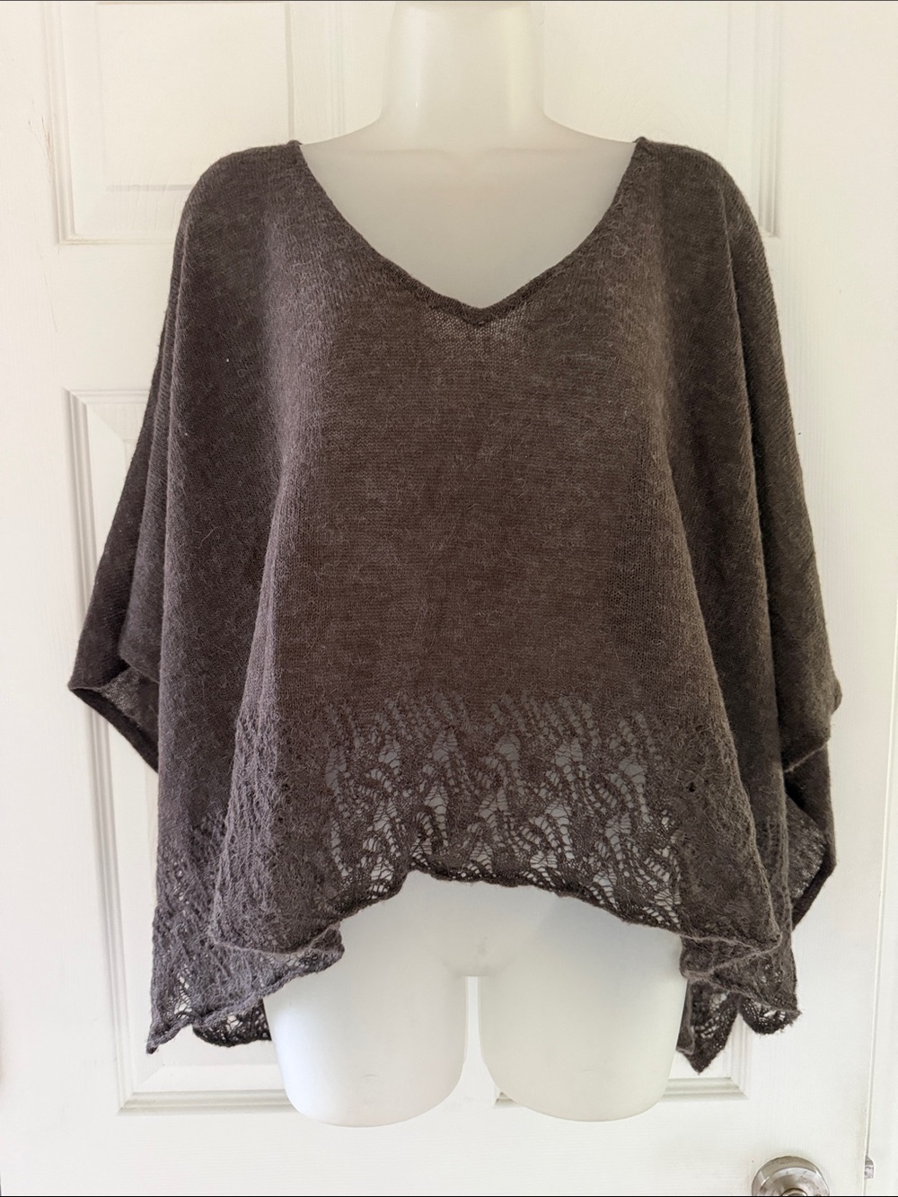 SHAE Sheer Lace Knit Poncho Sweater Top Espresso Color Alpaca Wool